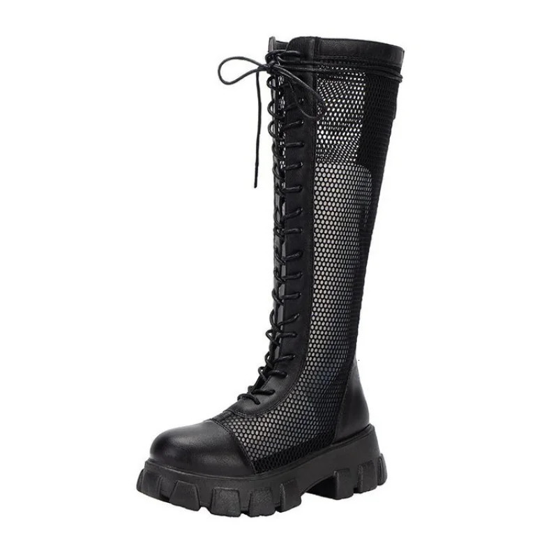 Summer Boots Women Chunky Heel Knee-length Platform Woman Female Round Toe Zipper Sandals Mesh Ladies Fashion Comfort Shoes 250805