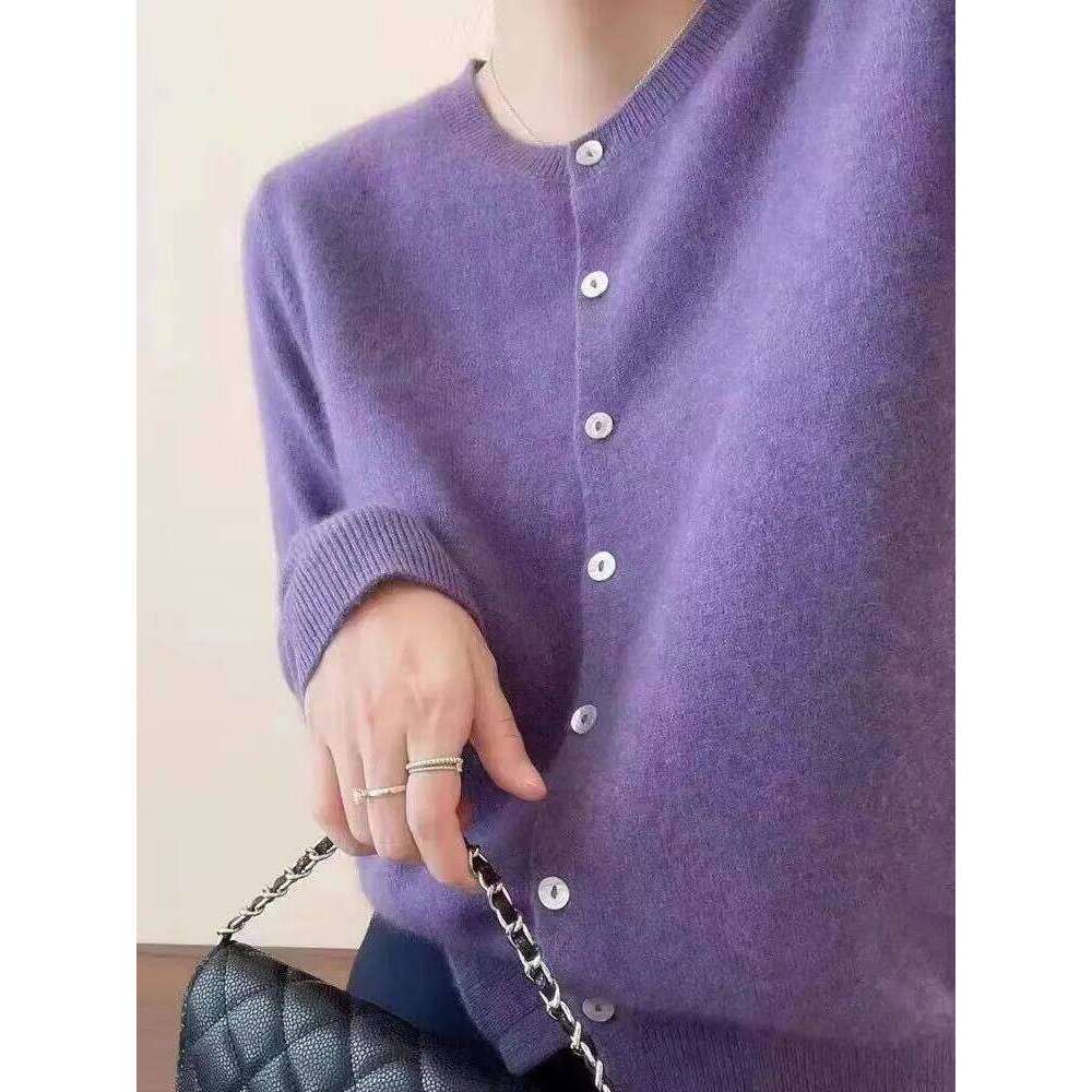 100%Cashmere Knit Cardigan Women's Round Neck Autumn And Winter Wool Sweater Small Loose Short Slimming Coat 250806