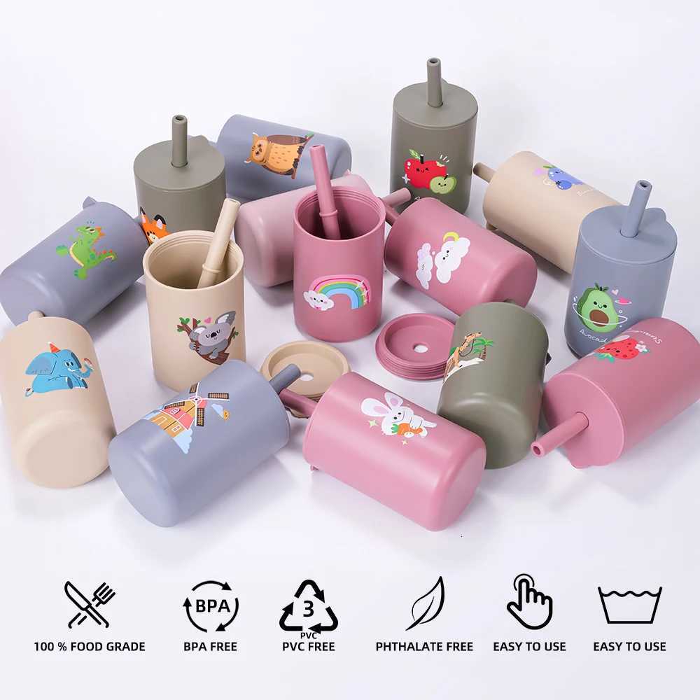 100% Baby Feeding Straw Cup Baby Cartoon Learning Feeding Cup Food Grade Silicone Toddler Water Bottle Tableware BPA Free X2508061