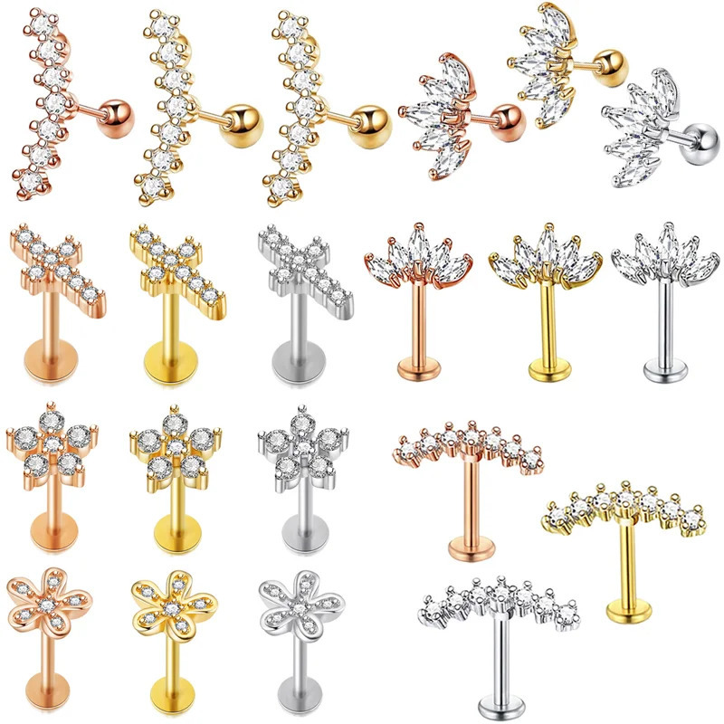 Crystal Flower Tragus Piercing Earring Flat 16G Cross Cartilage Piercing Stud Helix Jewelry Conch Rook Lobe Earring Labret Stud 250805