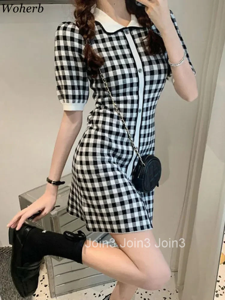 Woherb Vintage Plaid Knitted A-line Dress Women Summer Short Sleeve Single-breasted Elegant Fashion Ladies Vestidos Mujer