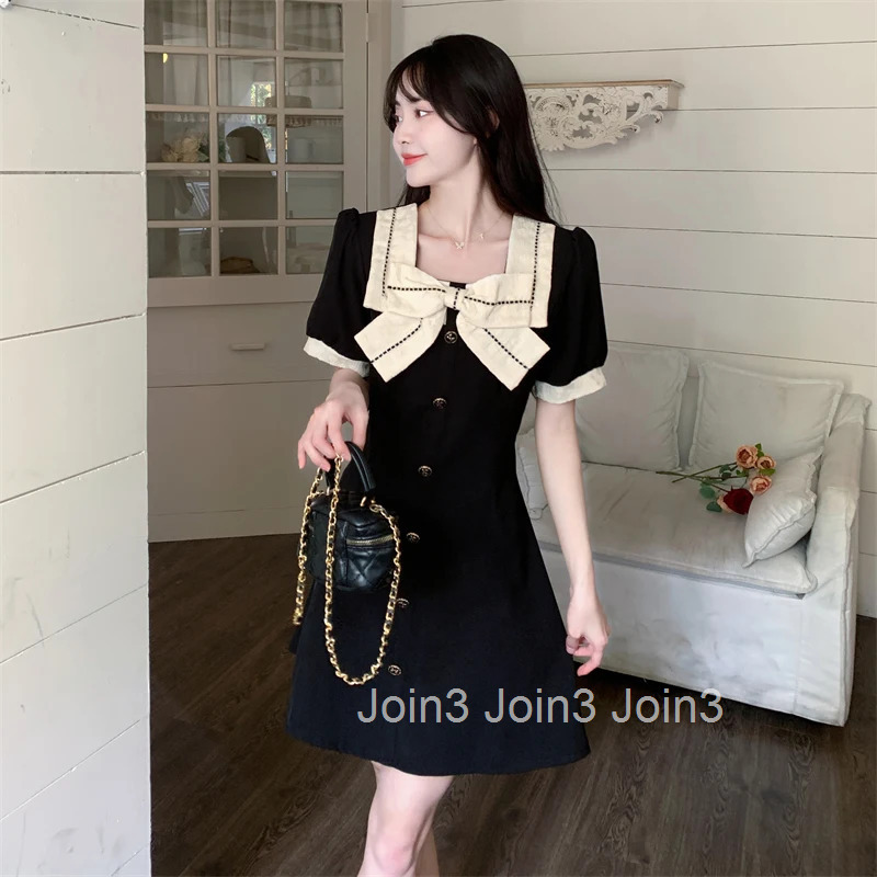 High Waist Dress Women Summer Bow Sweet Square Collar Short Sleeve Princess Girlish Elegant Office Lady Korean Style Preppy Chic