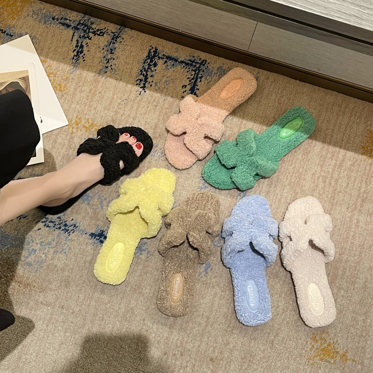 Free delivery designer Slippers Booties Half drag suede fur slippers for women one line drag for outdoor wear