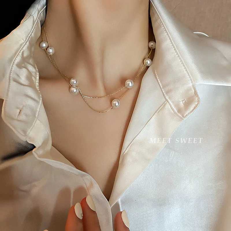 Korean Double-layered Pearl Necklace Personalized Fashionable Womens Clavicle Beaded Necklace Holiday Banquet Girl Jewelry Gift Y250805