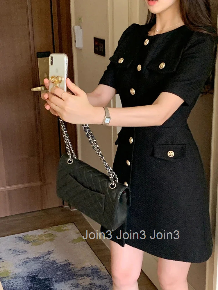 Summer New Korean Elegant Tweed Dress Women Small Fragrance Short Sleeve Single Breasted Mini Dresses Vestidos High Quality