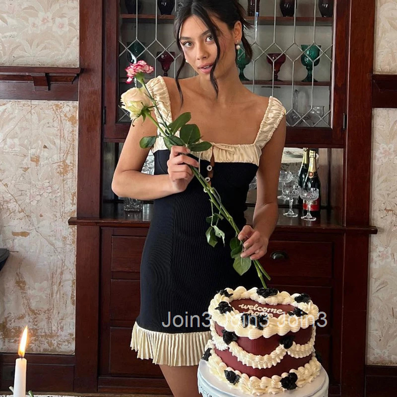 WhereMery Vintage Square-neck Stitch Prom Dress Y2K Sexy Spaghetti Strap Pleated Mini Dresses Summer Womens Sleeveless Vestidos