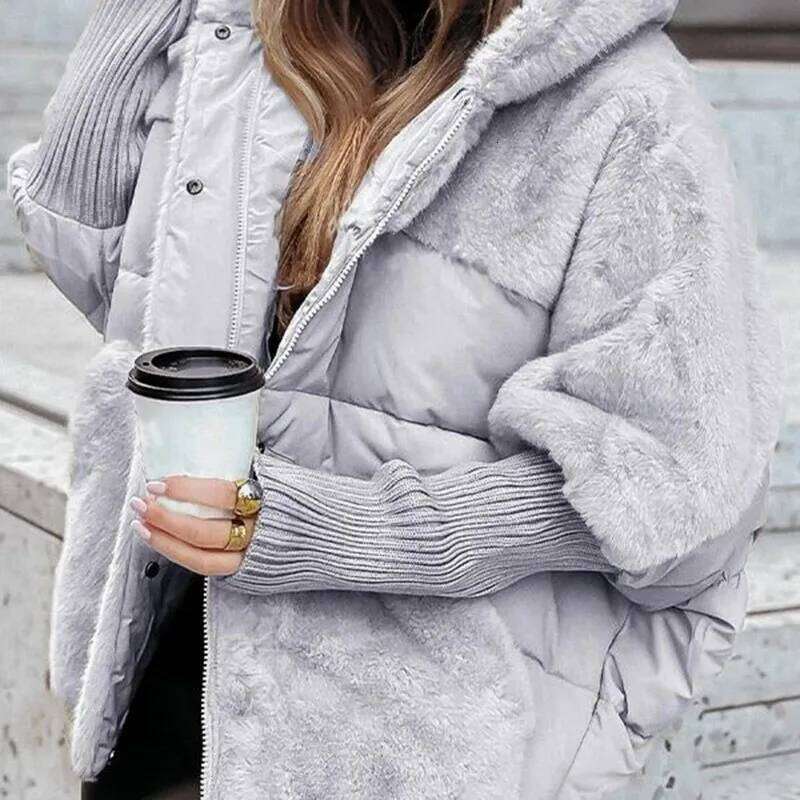 Designer Clothing 2025 1Pc Fashion Women's Cotton Elastic Ribbed Sleeve Parka Faux Fur Spliced Winter Comfort Chic Hooded Jacket Loose Zipper Coa