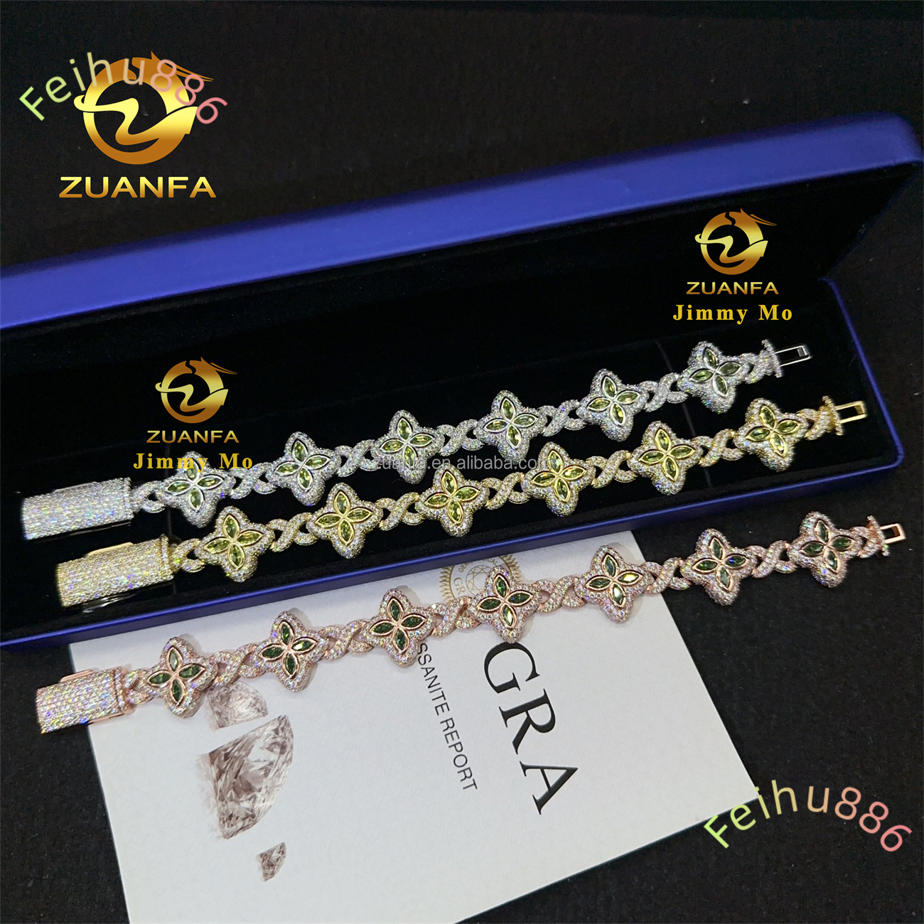S925 Silver Marquise Flower Design Hip Hop Jewelry Iced Out Men Lab Moissanite Diamond Infinity Cuban Four Cleef Clover Bracelet