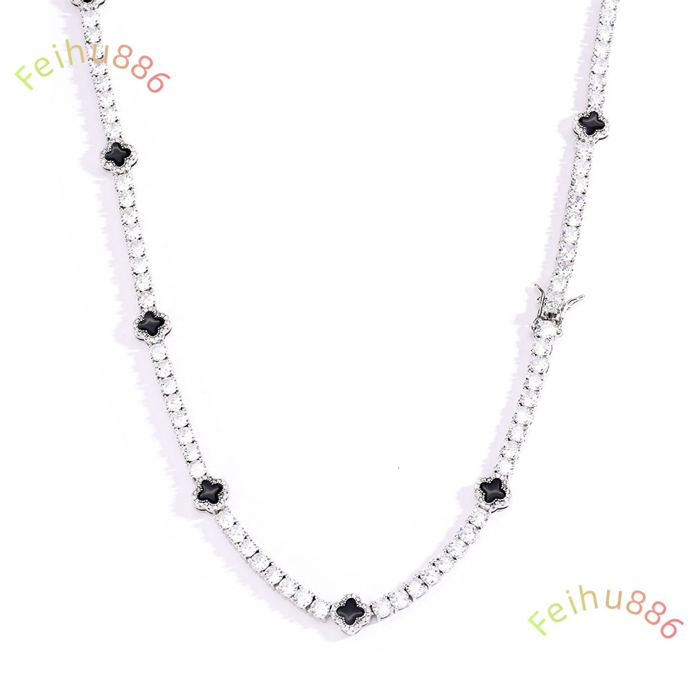 Fashionable Gold Plated Tennis Chain Necklace Hip Hop Style Moissanite Diamond Black Clover Charm Unisex Jewelry Gift