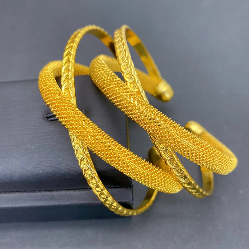 Dubai Indian Gold Color Cuff Bangles For Women 24K Gold Plated African Bracelets Charm Wedding Ethiopian Hand Jewelry 250805