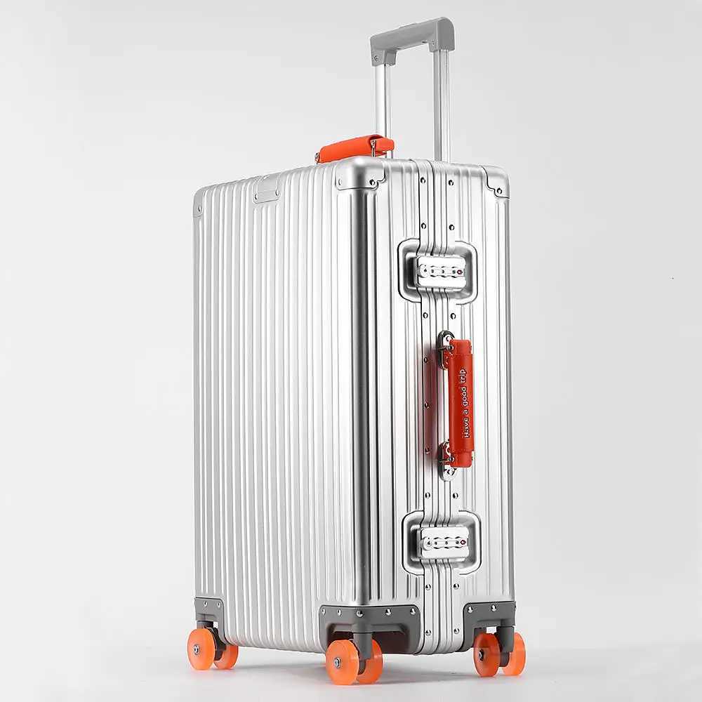 New All Aluminum-Magnesium Alloy Suitcase with Spinner Wheel TSA Lock Leather Handle 20/24/29 Travel Case Bag Rolling Luggage W250805