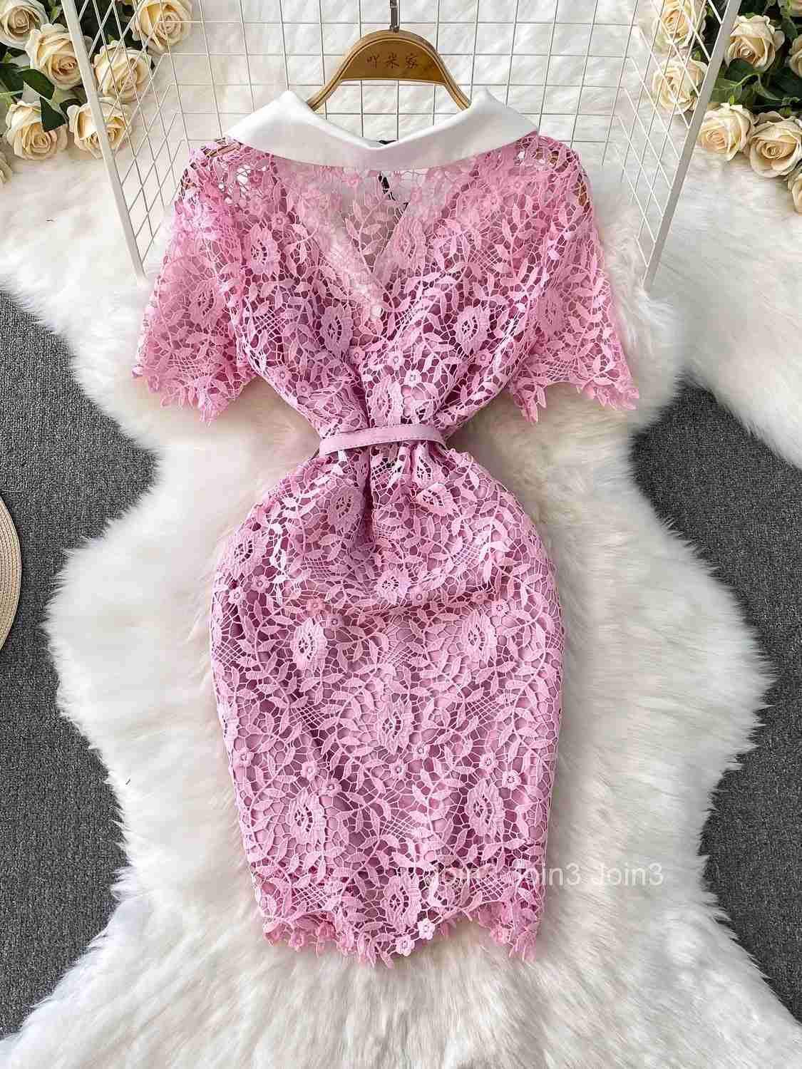 Summer Elegant Crochet Flower Lace Evening Dress Womens V Neck Crystal Single Breasted Hollow Out Belt Bodycon Short Vestidos