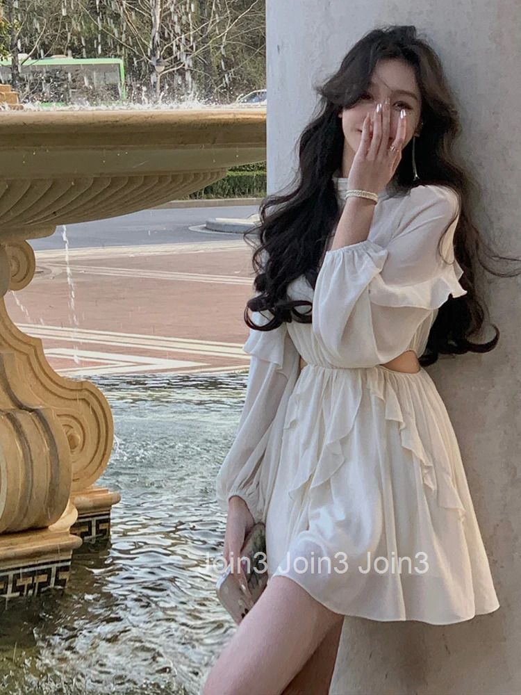 Beach Style Chiffon Y2k Mini Dress Office Lady Casual Long Sleeve Elegant One Piece Dress Korean Fashion Clothing Summer