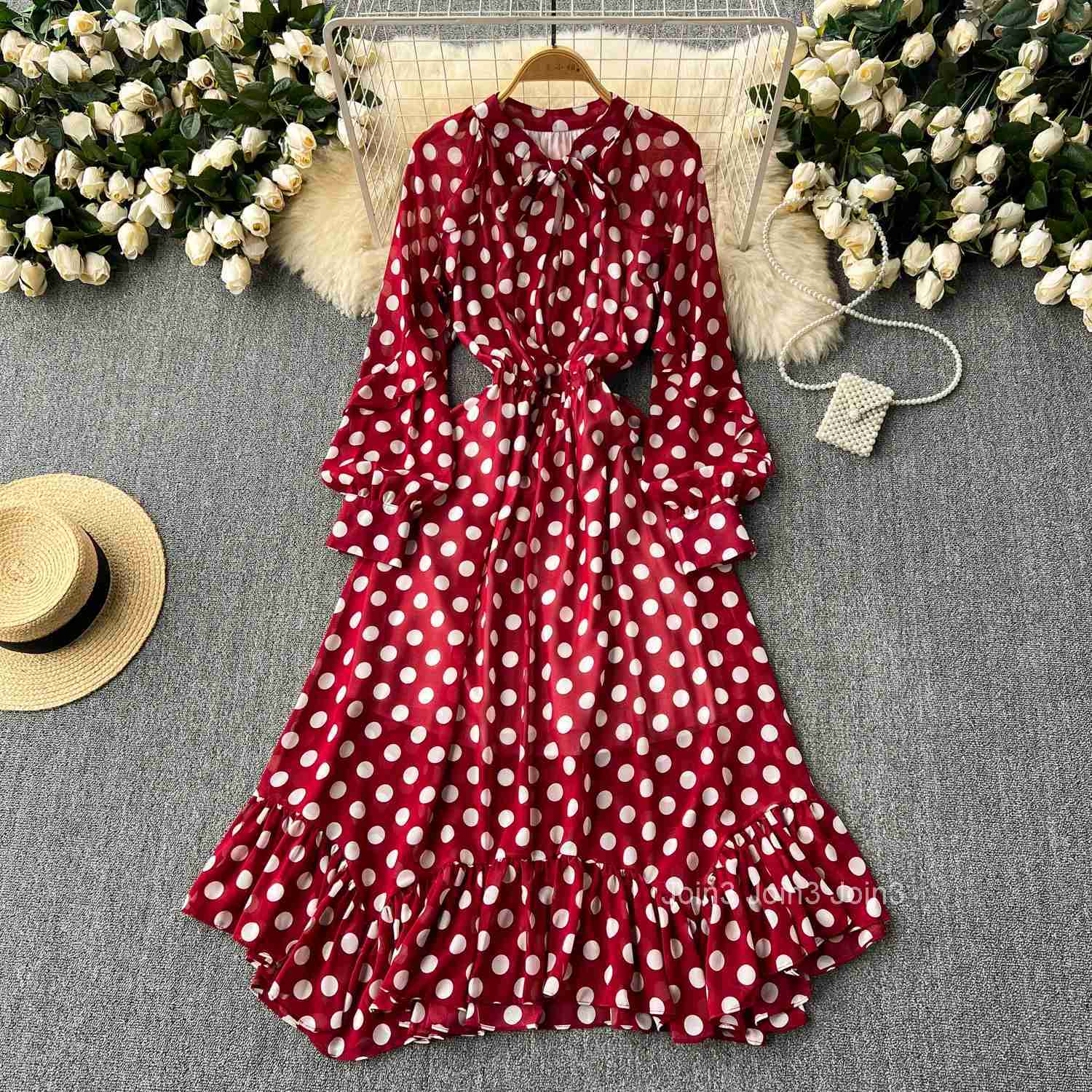 Retro Elegant Pleated Puff Sleeves dot sweet Dress Beach Vacation Casual Women A-LINE chiffon Fashion Summer basics Dresses
