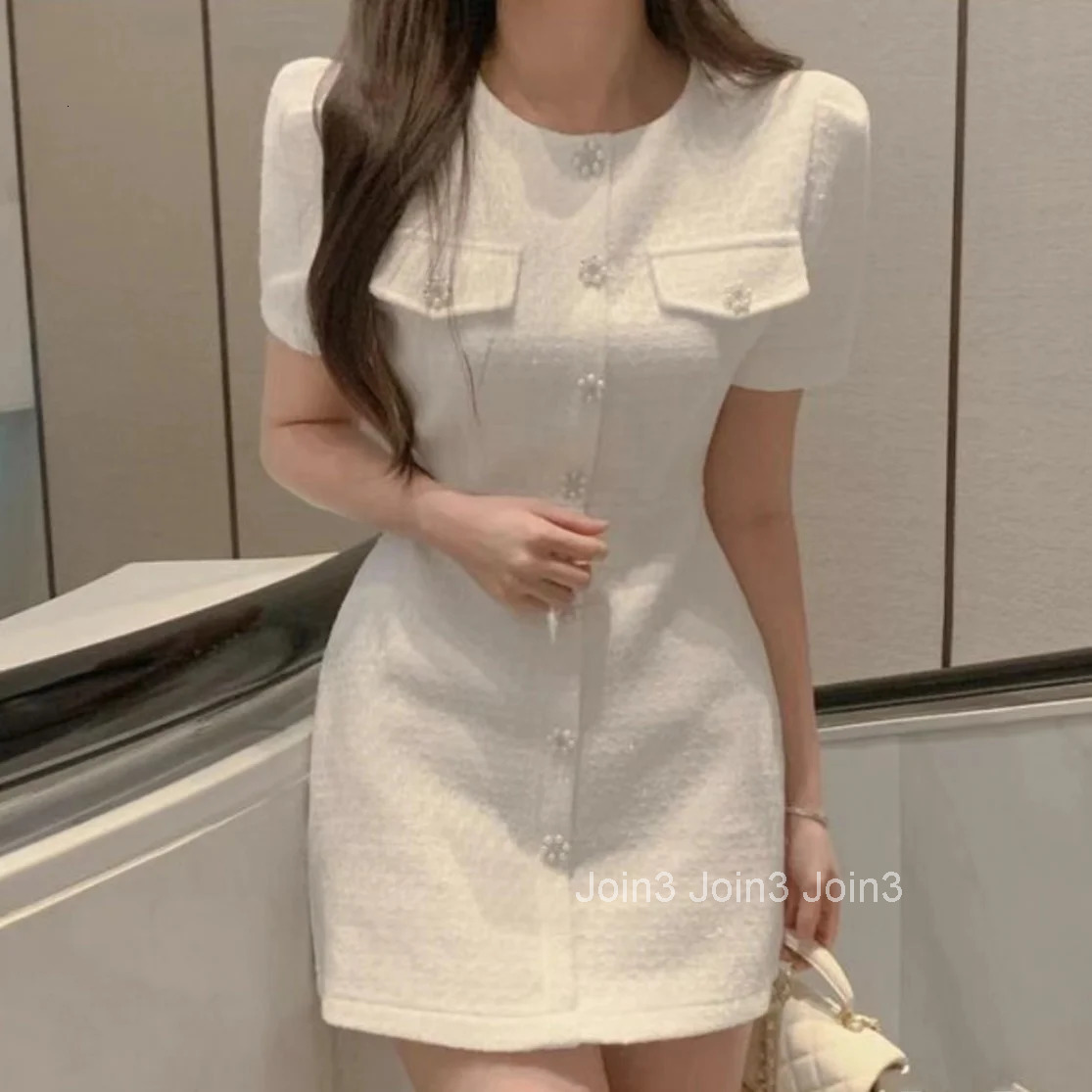 Chic Tweed ort Dr Womens Slim Fit Single Button Bubble Sve Korean Sle Dr Summer Commute Pure Color round Ne X...