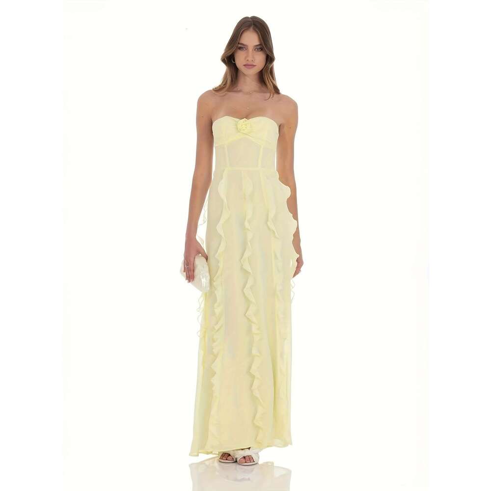 Elegant French-Inspired Yellow Ruffle with Floral Detail - Sleeveless, Strapless, Long Flowing Gown Women, Perfect for Party Weddings and Formal Event