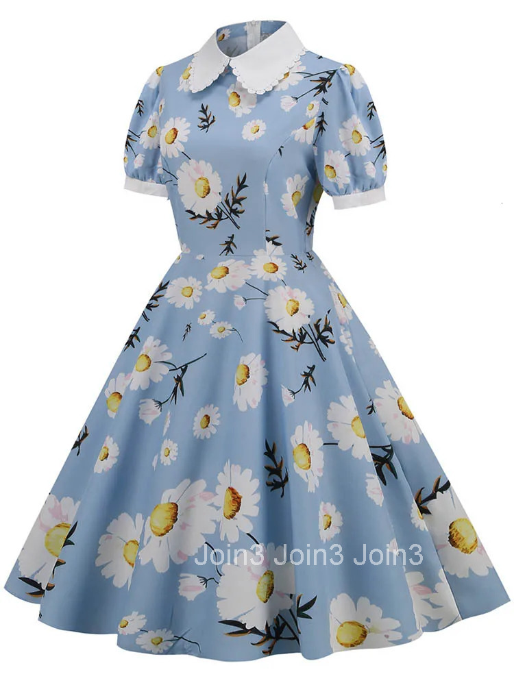Floral Printed Summer Dress for Women Peter Pan Collar Elegant Vintage Midi Sundress Casual Party Dress with Puff Short Sleeves