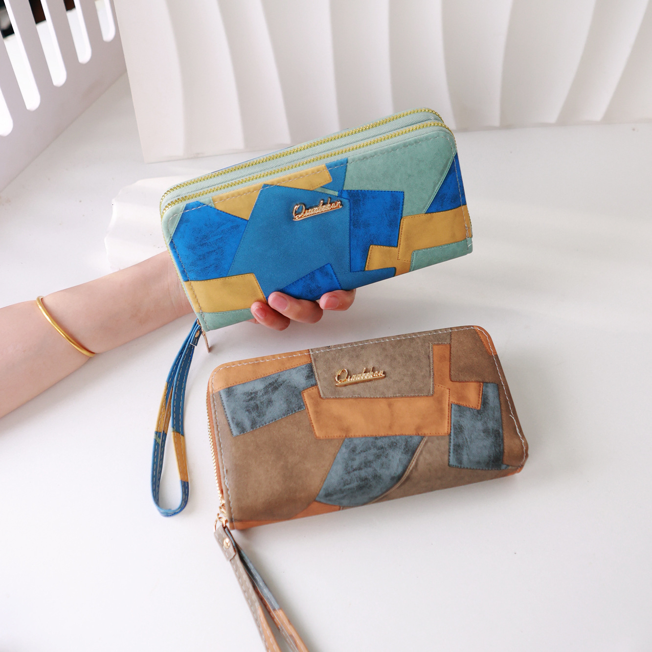 New Women's Leather Wallet Color Block Double Zipper Large Capacity Clutch Simple High-end Phone Bag