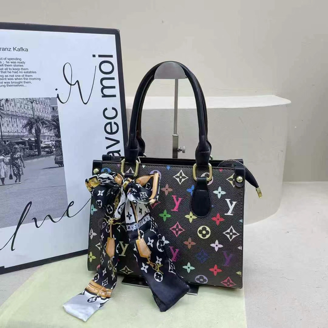 Fashionable colorful printed handbag shoulder bag Crossbody bag tote bag Scarf Detail for Added Elegance, Suitable for daily work, weekend trips, shopping sprees.
