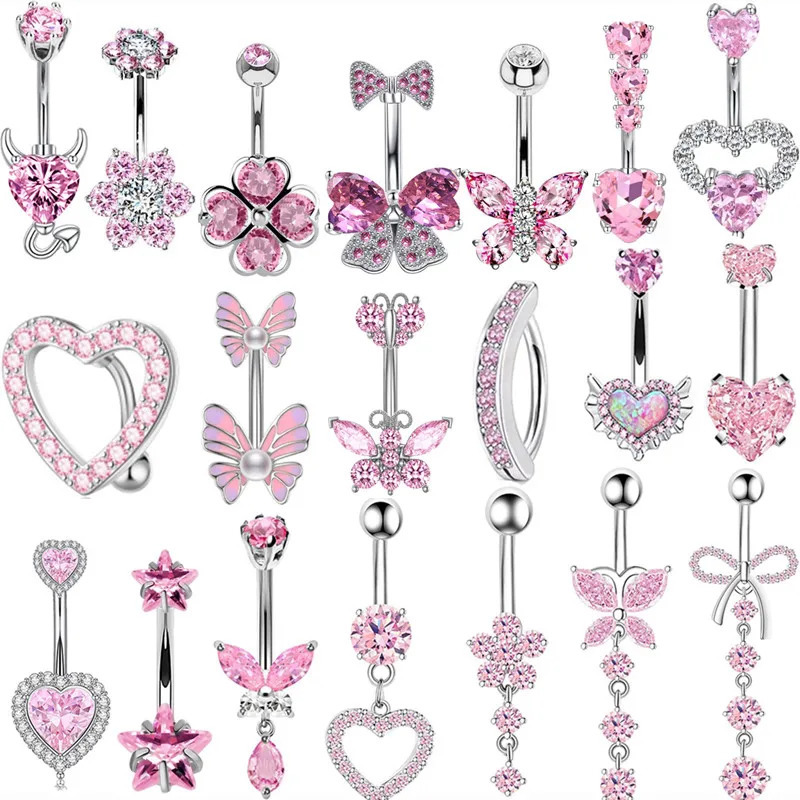 1PCS Pink Crown Belly Button Rings Jewelry Stainless Steel Heart Navel Piercing Barbell Crystal Cute Belly Rings For Women Girls 250805