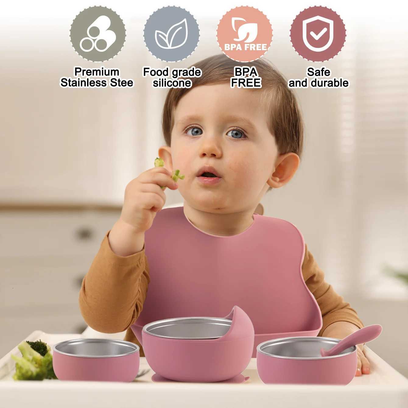 8PCS Baby Feeding Set Stainless Steel Silicone Tableware With Detachable Bowl Plate Bib Safe For Infant Weaning Food Dishes X250806
