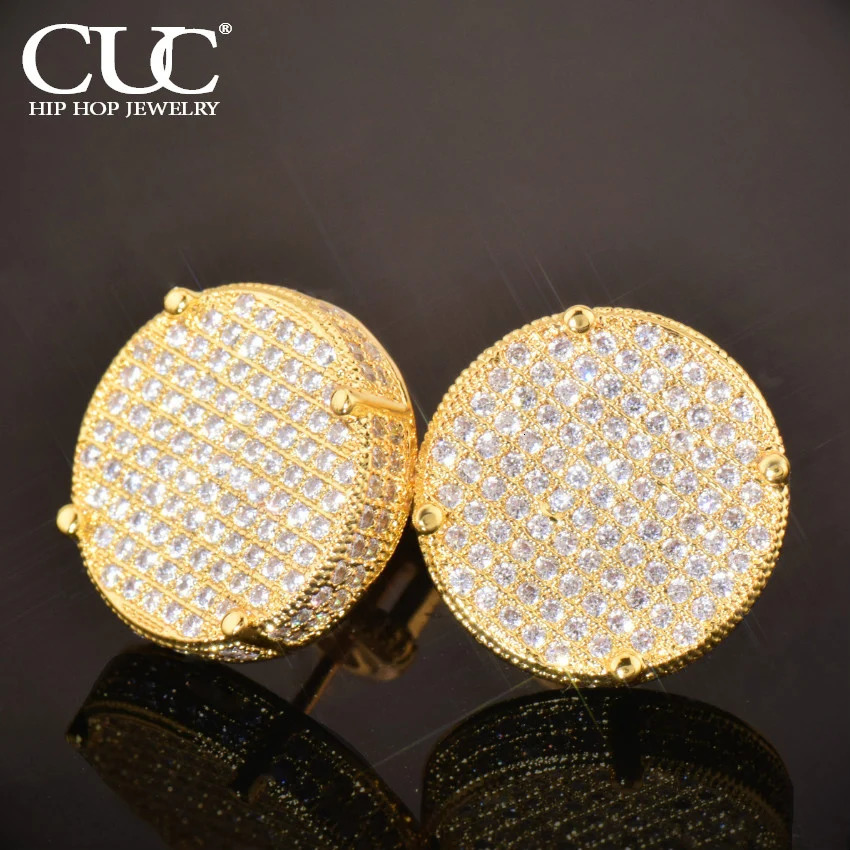 CUC 14MM Big Round Stud Earring Screw Back Iced Out Cubic Zirconia Men Women Earrings Gold Color Hip Hop Jewelry Fashion Gift 250806