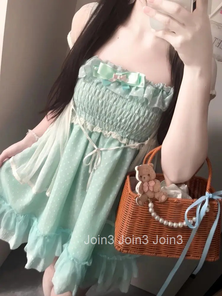 Summer Sweet Loose Dress Set Women Design Elegant Bow Sling Lace Dresses Female Fashion Sleeveless Kawaii Lolita Outfits