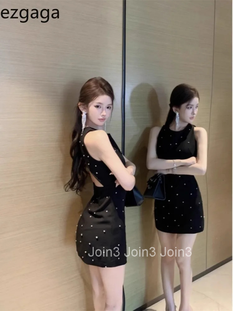 Woman Dress Sleeveless Rhinestone Slim Backless Vintage French Style Summer New Elegant Party Dresses Vintage Ladies