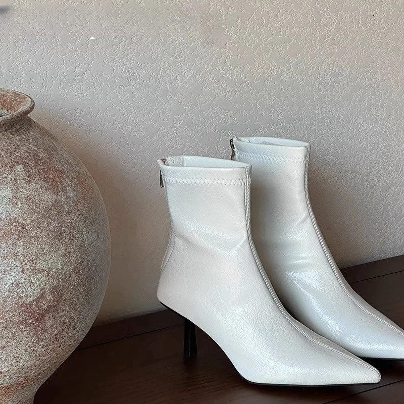 2025 Spring Pointed Toe Women Modern Ankle Boots Fashion Soft Leather Short Booties Concise High Heels Shoes 250731