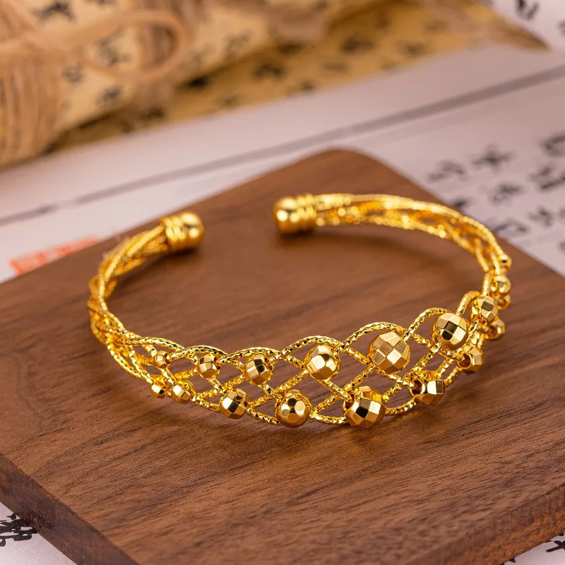 Dubai Gold Color Multi Beads Wide Cuff Bangle Bracelets for Women Wristband High Quality Jewelry Accessories Gifts 250805