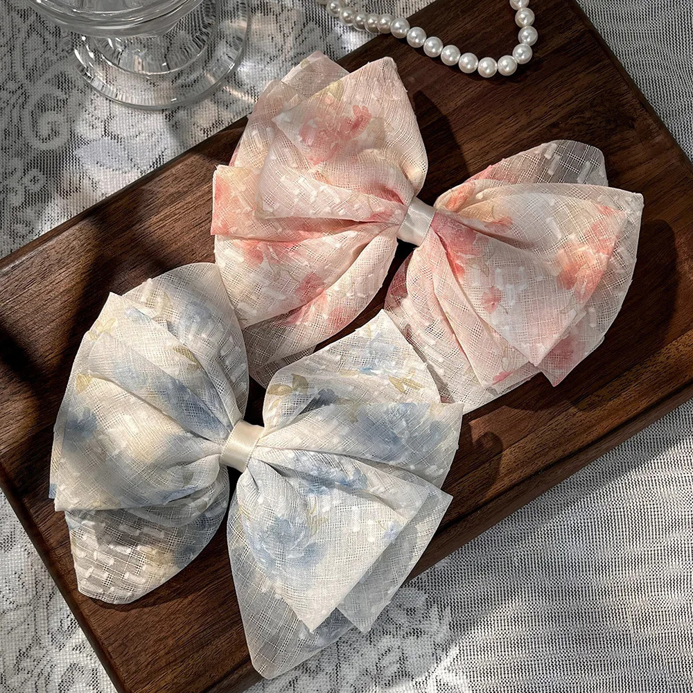 Elegant Romantic Chiffon Small Floral Bow Ribbon Hair Clip French Ethereal for Women Back Half Updo Ponytail Accessory 250730