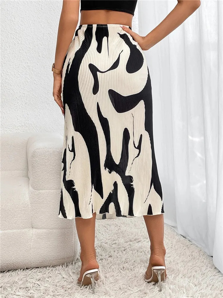Dressy Casual Graphic Print Pleated Long Skirts Women Autumn Fashion Elastic High Waist Geometry Midi Skirt Streetwear 250806
