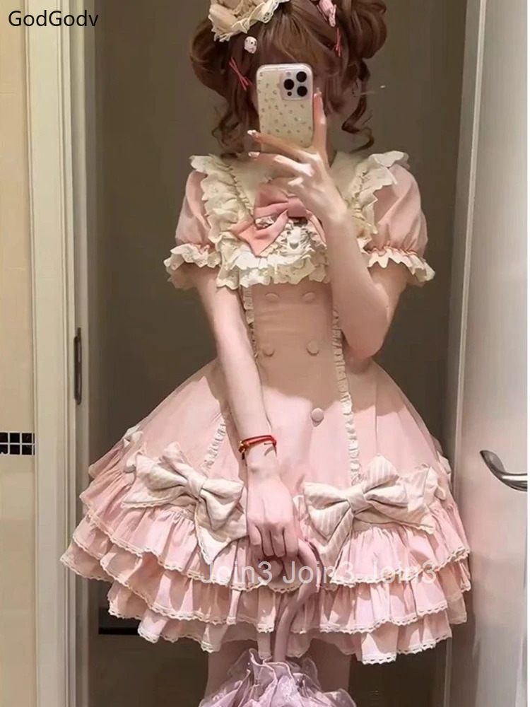 Japanese Sweet Lolita Kawaii Elegant Dress Women Princess Y2k Bow Fake Two Piece Dresses Female Korea Style Design Chic Outfits