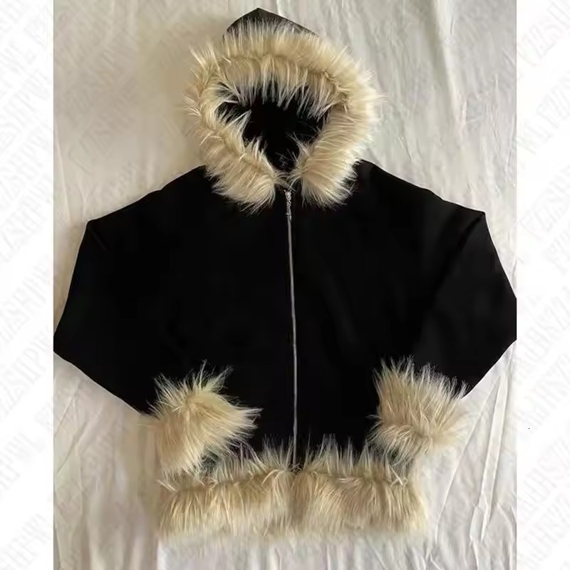 Mens Grunge Goth Y2K Zipper Hoodie Plush Splicing Hat Casual Loose Street Clothing Harajuku Fashion Hoodie Sportswear 241213