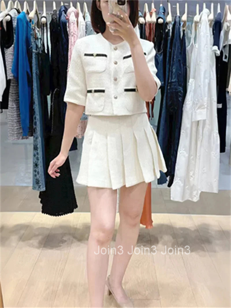 Tweed Womens Fake Two Piece A-Line Dress+ Single Braested Cardigan + Pleated Mini Skirt Ladies Autumn New