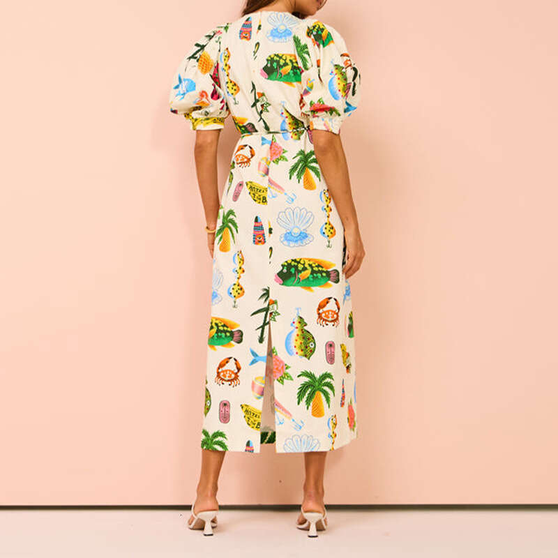 New Women's Printed Puff Sleeve Round Neck Pocket Colorful Flared Dress B5