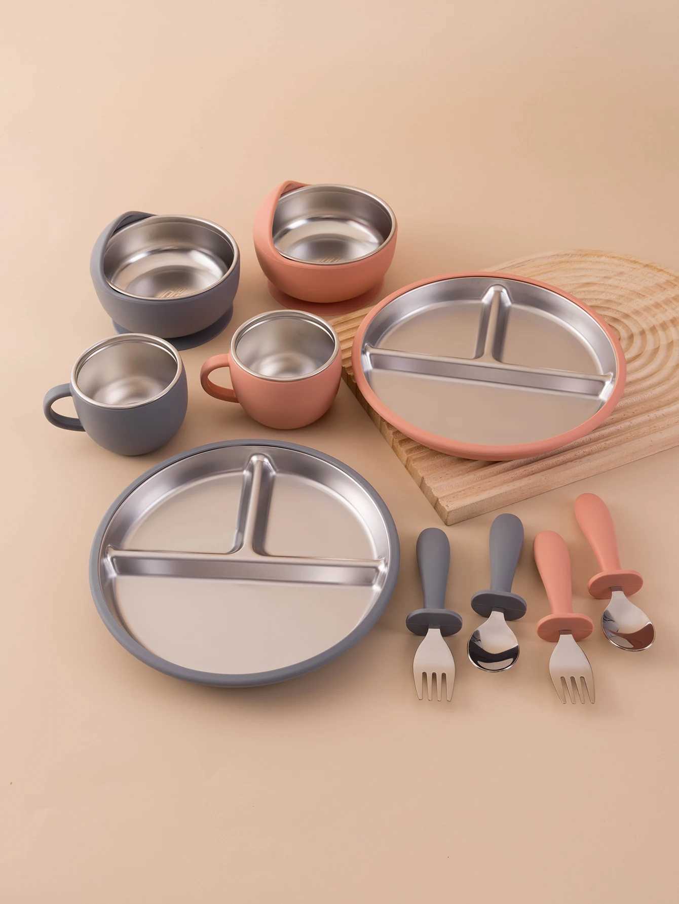 5PCS Stainless Steel Detachable Dishes Plate Baby Feeding Set With BPA Free Silicone Bowl Cup Infant Training Fork Spoon Gifts X250806