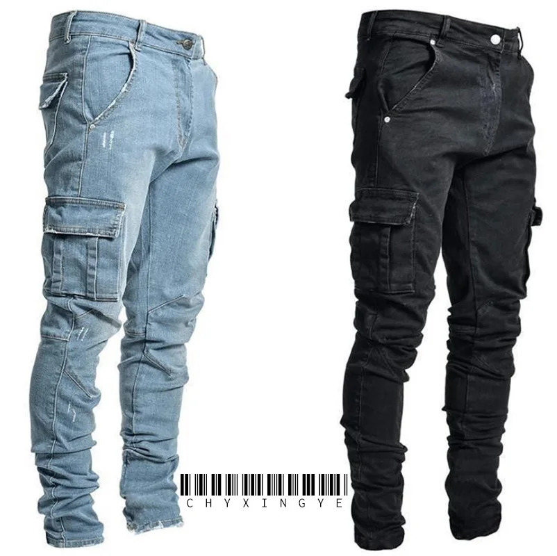 Street Elastic Jeans Men Denim Cargo Pants Wash Solid Color Multi Pockets Casual Mid Waist Trousers Slim Fit Daily Wear Joggers 250805