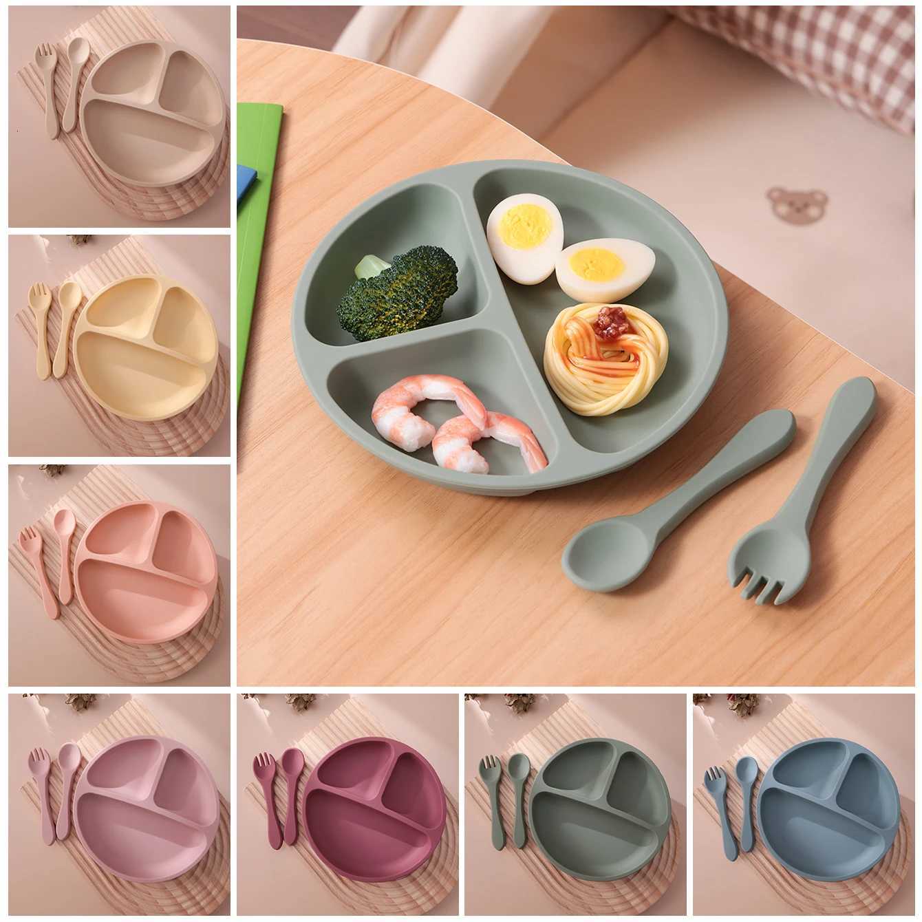 3PCS Silicone Baby Feeding Set Color Kids Suction Plate Wooden Spoon Fork BPA Free Training Tableware Dish Bowl Gift Set X250806