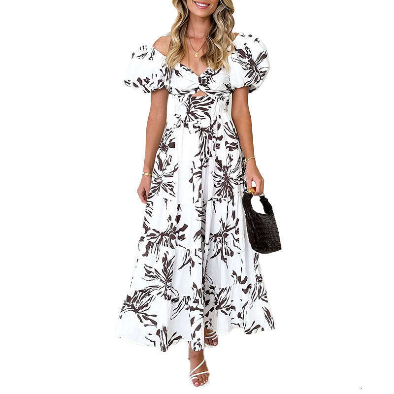 New Women's Fashion Elegant Sweet Off-Shoulder Printed Puff Sleeve Dress B5
