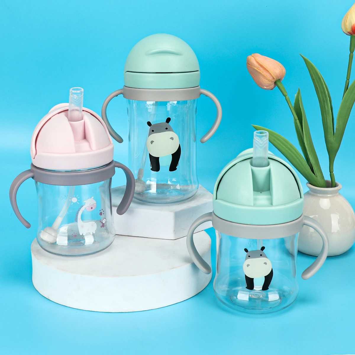 250ml/350ml Kids Water Bottle with Straw Leak-Proof Silicone Ball Wide Mouth Baby/Toddler Sippy Cup X250806