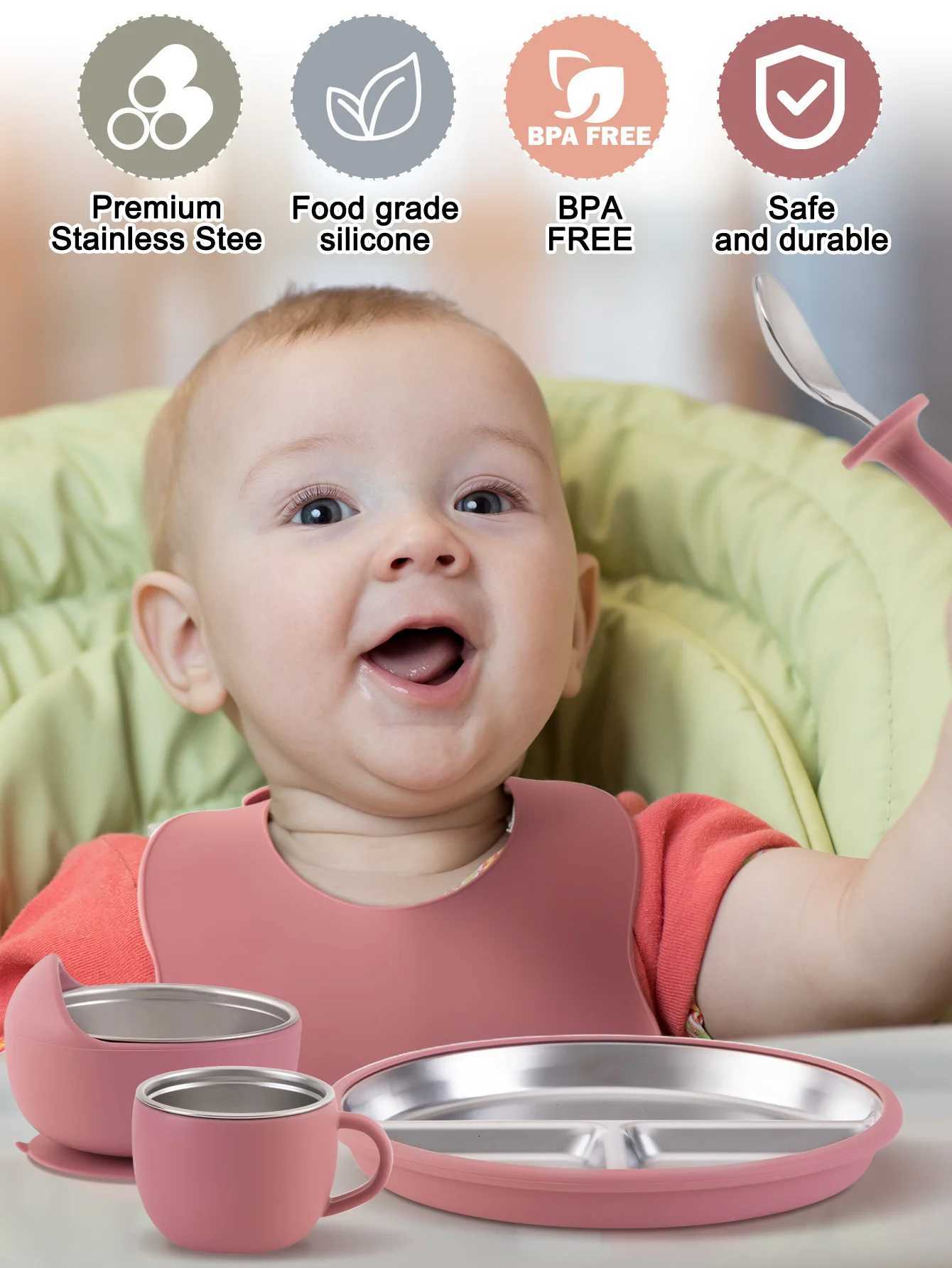 6PCS Stainless Steel Detachable Dishes Plate Baby Feeding Set BPA Free Silicone Bowl Cup Fork Spoon For Infant Training Gifts X250806