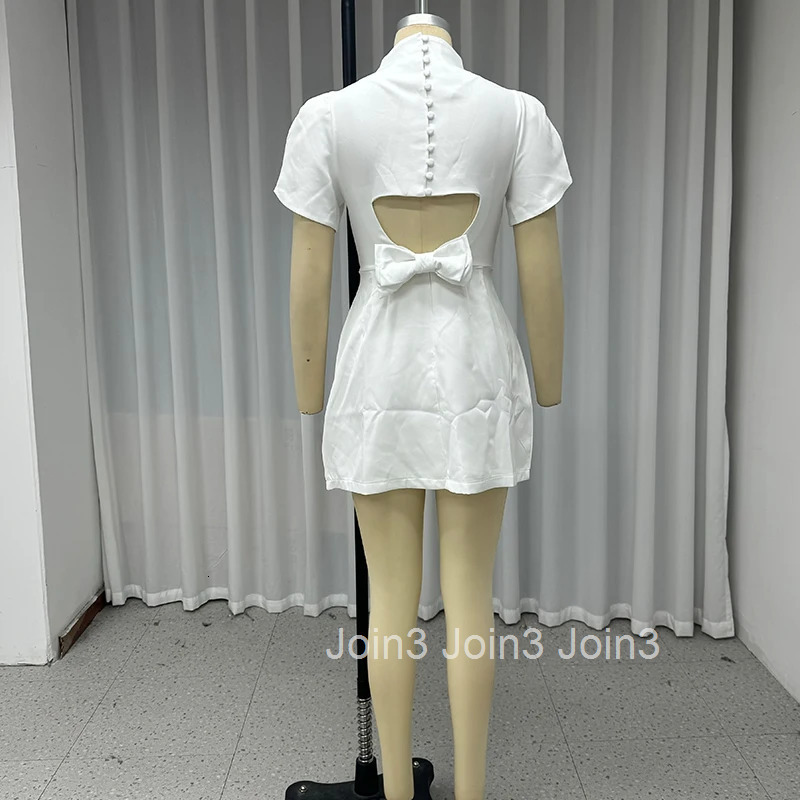 Wefads Women Mini Dress Elegant Fashion Solid Short Puff Sleeve Round Neck Nipped Waist Backless With Bow Mini Skirt Party Dress