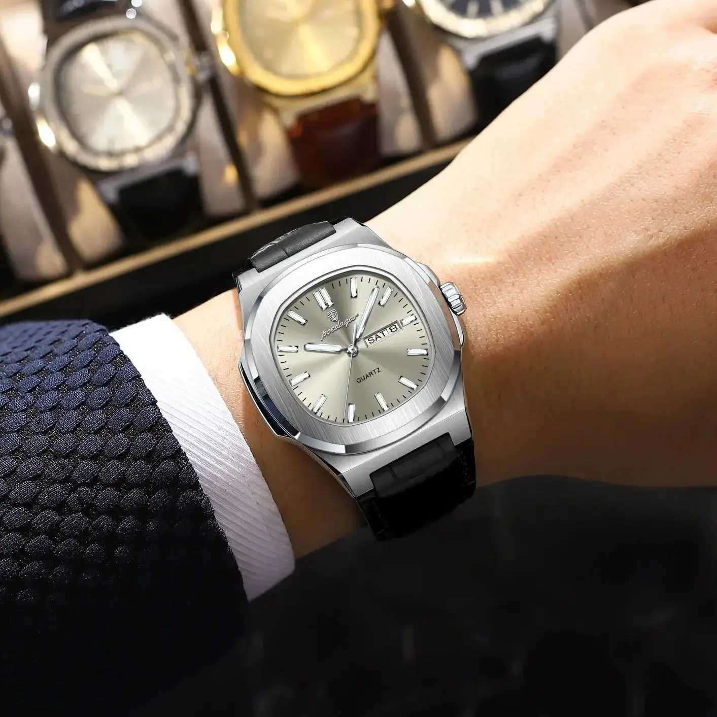 POEDAGAR High Quality For Men Luxury Luminous Waterproof Week Calendar Mens Leather Square Quartz Watch W250806