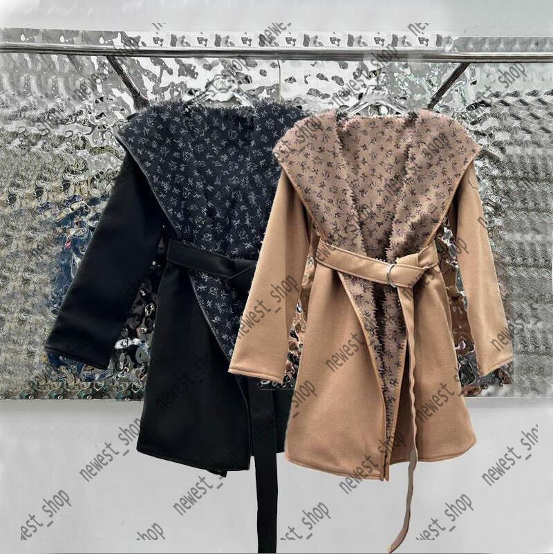 Womens wool Blends fleece Coat overcoat Designer Double sided woolen coats with belt lady jacquard letter flowers Print Hooded lady Trench cloth S M L