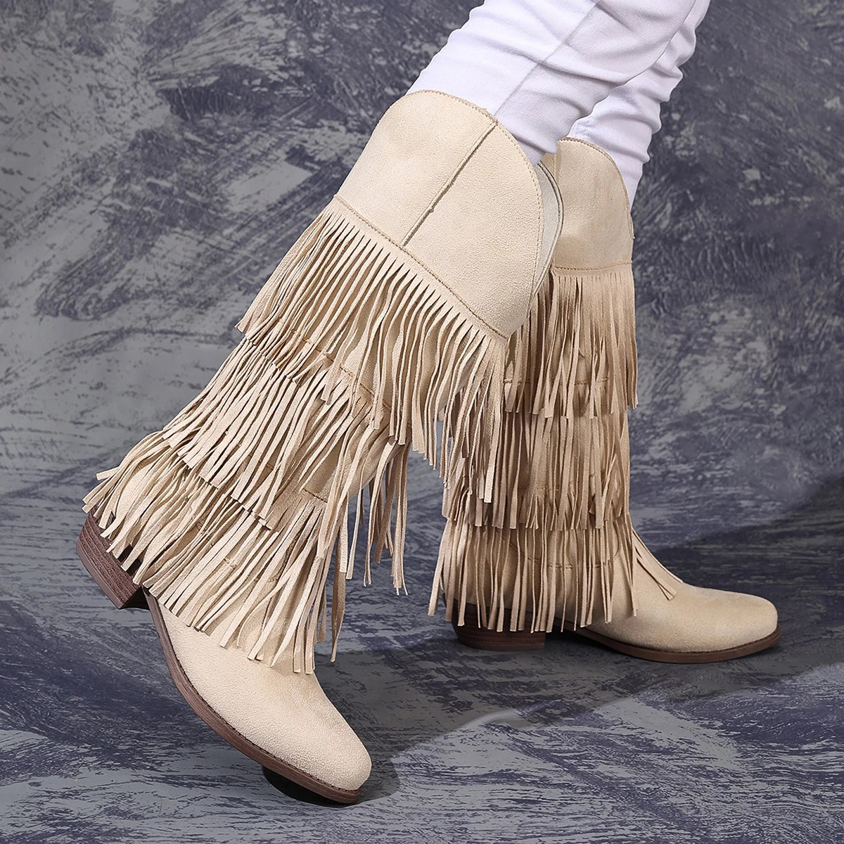 Three-layer tassel round head thick heel fashionable and versatile western cowboy European and American high top womens boots 250805