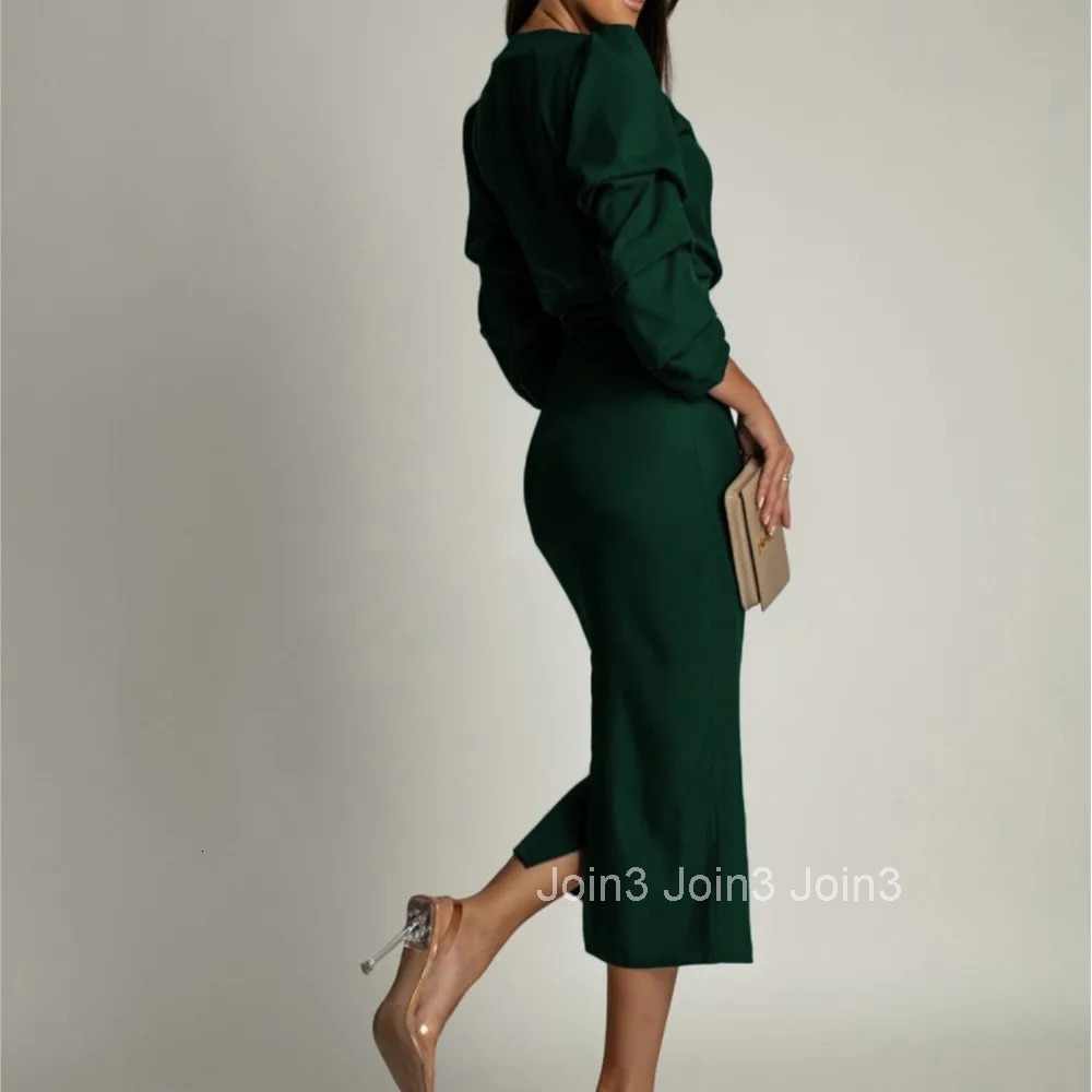 New Spring Autumn Solid Color Long Sleeve Elegant V-neck Evening Dress For Women Black Split Pencil Dress Vestidos De Mujer