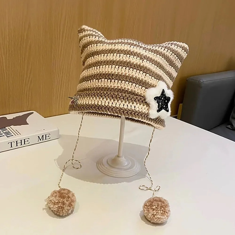 Y2K Beanie Hat Ins Devil Ear Striped Knitted Wool Cap Autumn Winter Hip-hop Crochet Cute Cat Ears Pointed Pullover Womens Hats 250806