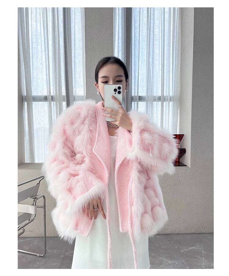 2024 Autumn Winter Knitted Cardigan Jacket Blended Thick Warm New Fashion Belt Turn Down Collar Real Fox Fur Coat Women 250806