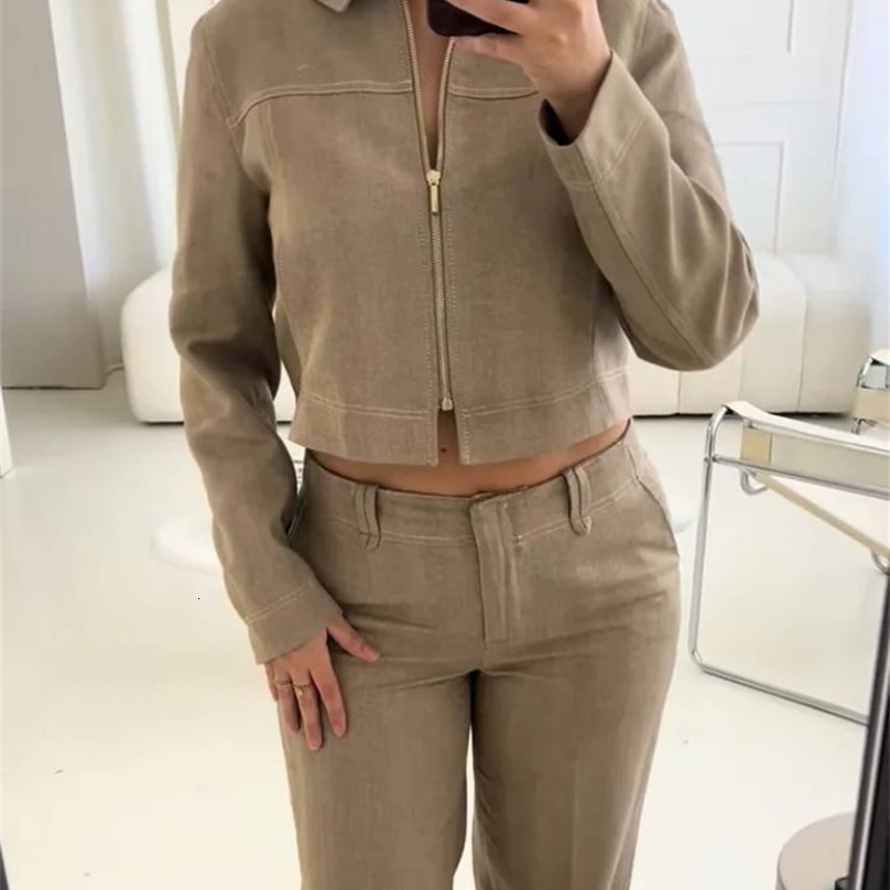 Casual Trousers Set Women Cotton Linen Lapel Zippers Crop Top Straight Pants Sets Lady Spring Autumn Solid Suit Woman Streetwear 250709